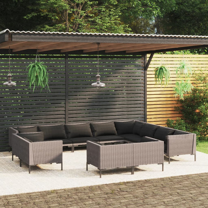 12-tlg. Garten-Lounge-Set mit Auflagen Poly Rattan Dunkelgrau