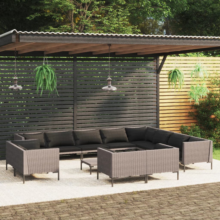 13-tlg. Garten-Lounge-Set mit Auflagen Poly Rattan Dunkelgrau