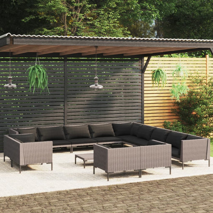 14-tlg. Garten-Lounge-Set mit Auflagen Poly Rattan Dunkelgrau