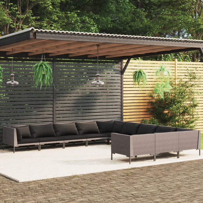 11-tlg. Garten-Lounge-Set mit Auflagen Poly Rattan Dunkelgrau
