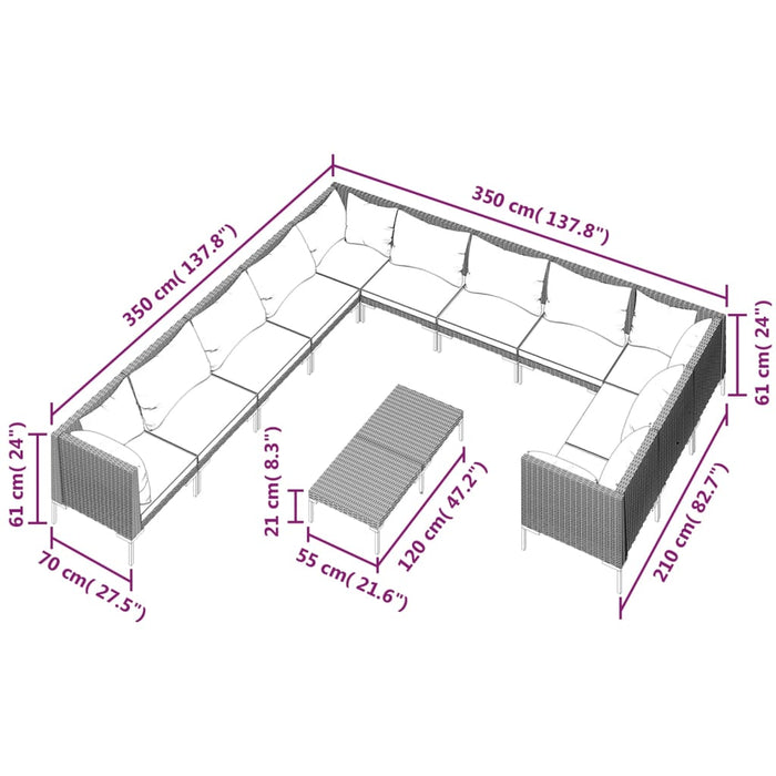 12-tlg. Garten-Lounge-Set mit Auflagen Poly Rattan Dunkelgrau