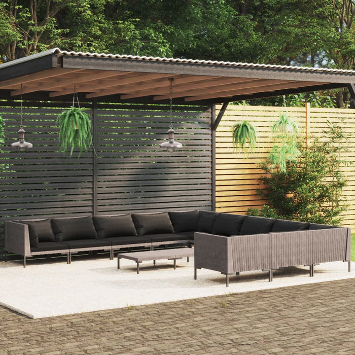 12-tlg. Garten-Lounge-Set mit Auflagen Poly Rattan Dunkelgrau
