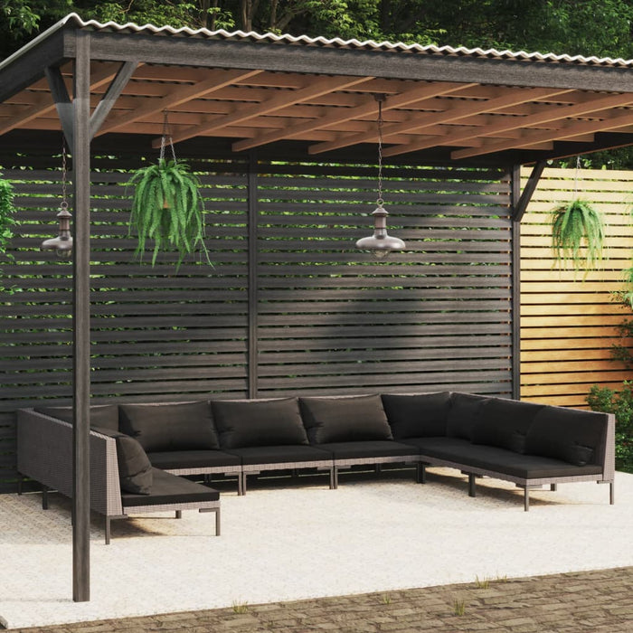 9-tlg. Garten-Lounge-Set mit Auflagen Poly Rattan Dunkelgrau