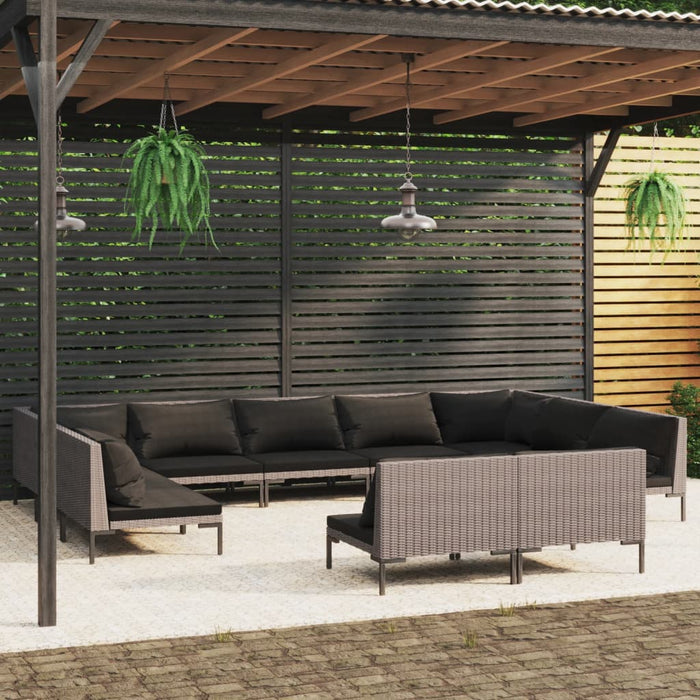 11-tlg. Garten-Lounge-Set mit Auflagen Poly Rattan Dunkelgrau