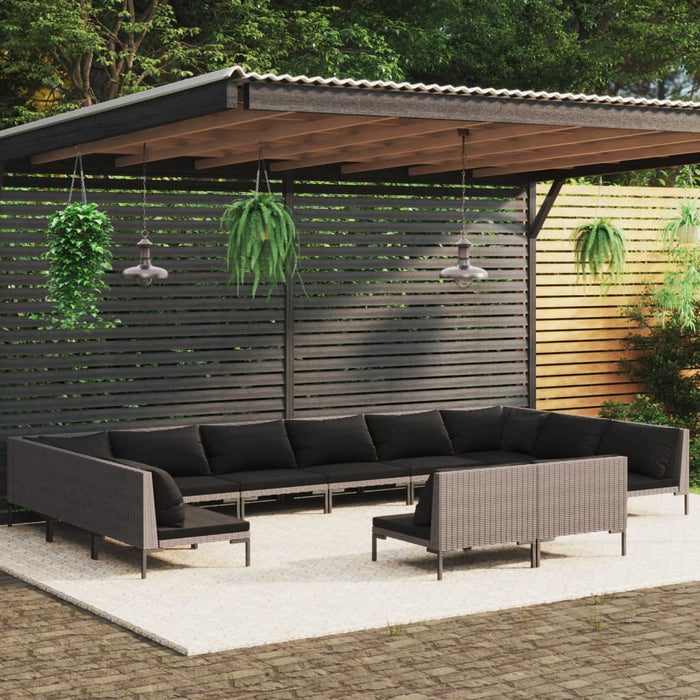 12-tlg. Garten-Lounge-Set mit Auflagen Poly Rattan Dunkelgrau