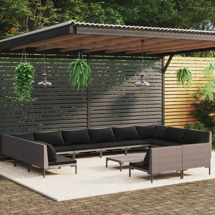 13-tlg. Garten-Lounge-Set mit Auflagen Poly Rattan Dunkelgrau