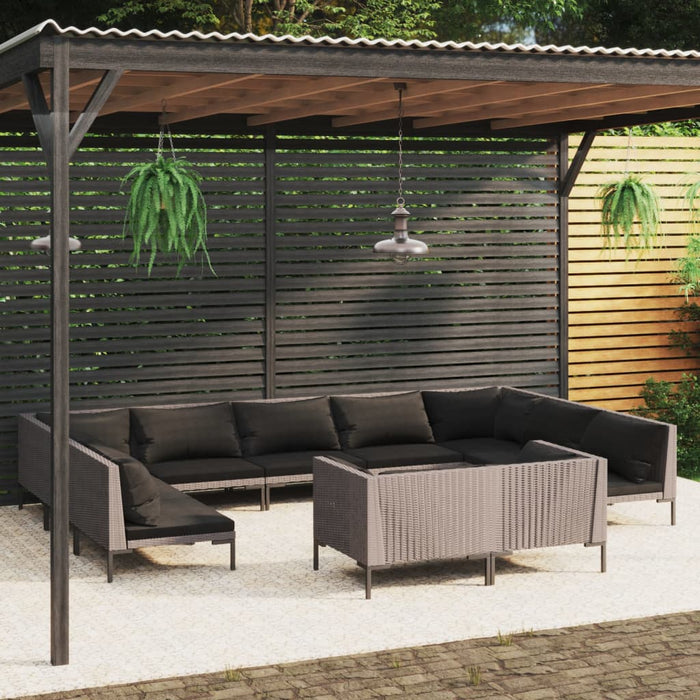 11-tlg. Garten-Lounge-Set mit Kissen Poly Rattan Dunkelgrau