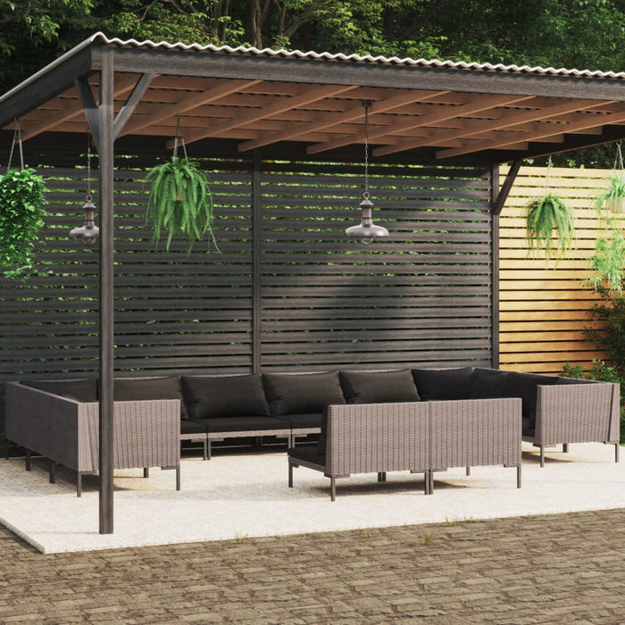 12-tlg. Garten-Lounge-Set mit Kissen Poly Rattan Dunkelgrau