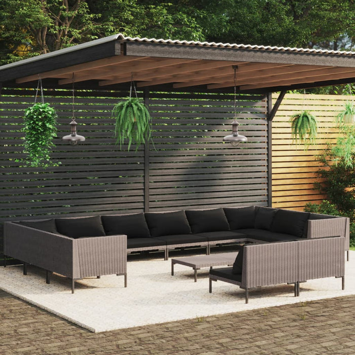 13-tlg. Garten-Lounge-Set mit Kissen Poly Rattan Dunkelgrau