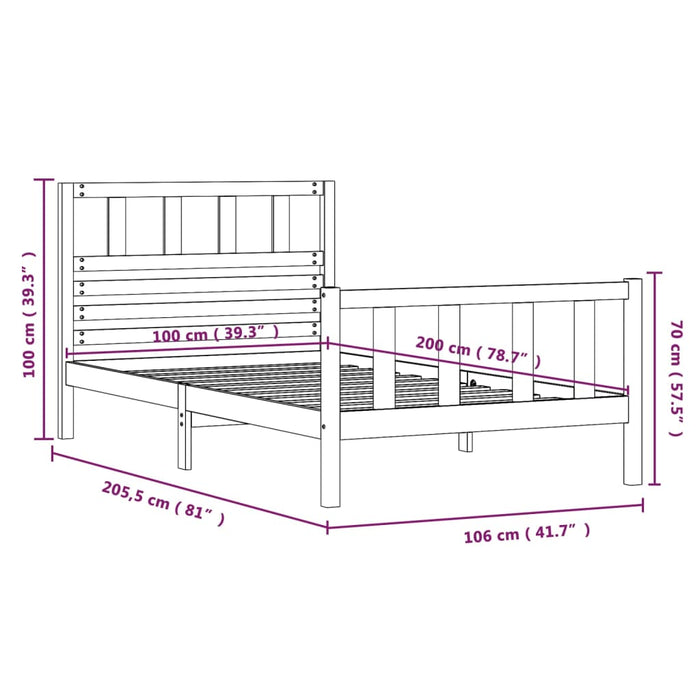 Massivholzbett Grau 100x200 cm