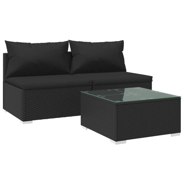 3-tlg. Garten-Lounge-Set mit Kissen Poly Rattan Schwarz