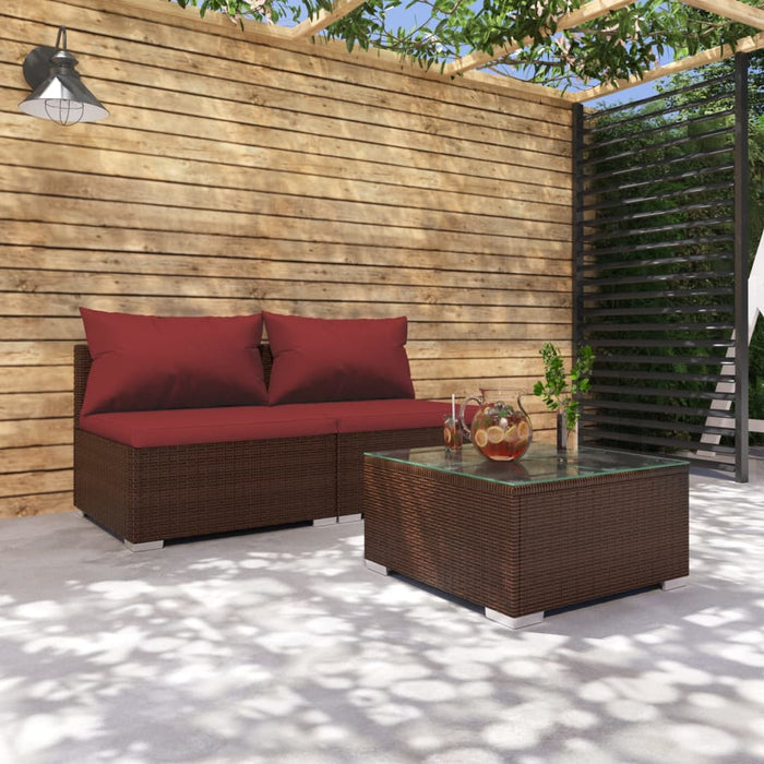 3-tlg. Garten-Lounge-Set mit Kissen Poly Rattan Braun