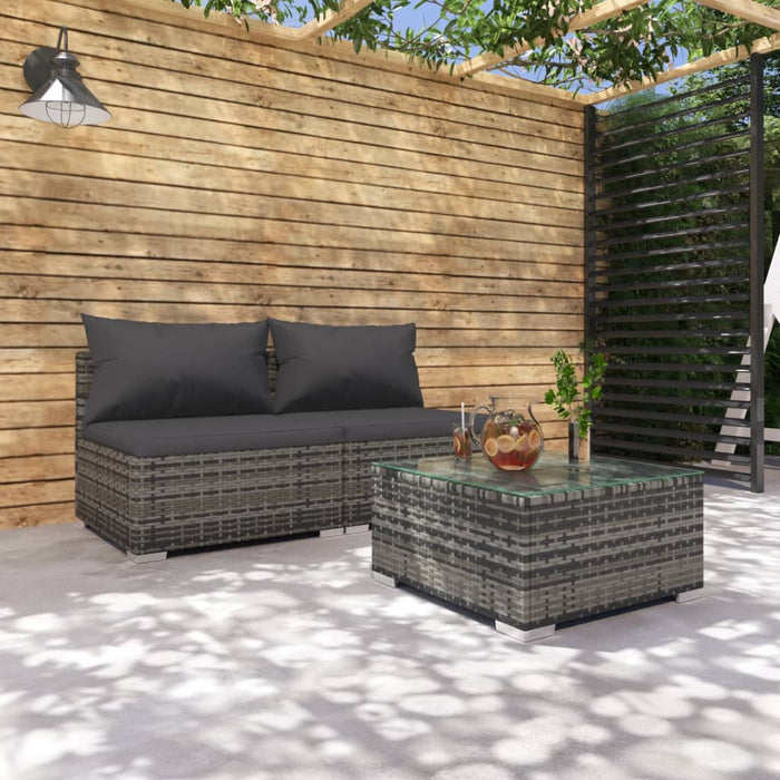 3-tlg. Garten-Lounge-Set mit Kissen Poly Rattan Grau