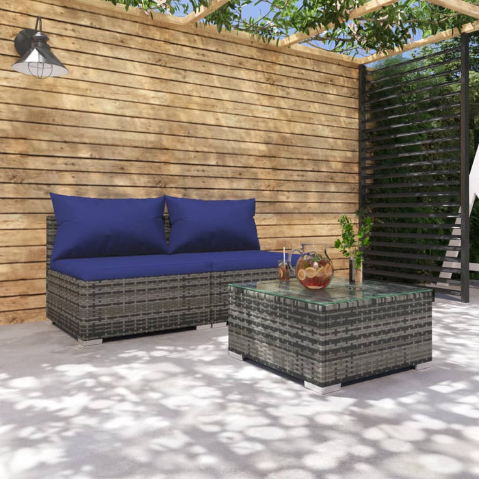 3-tlg. Garten-Lounge-Set mit Kissen Poly Rattan Grau