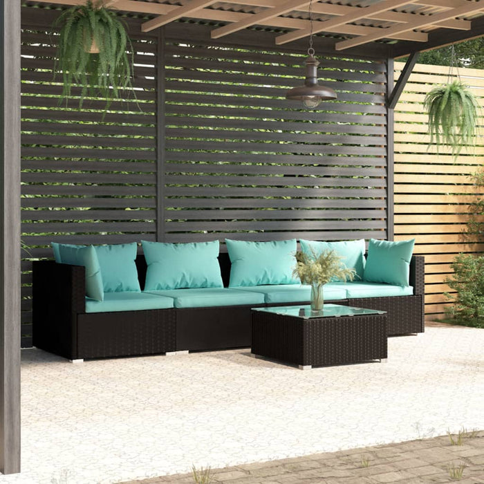 5-tlg. Garten-Lounge-Set mit Kissen Poly Rattan Schwarz