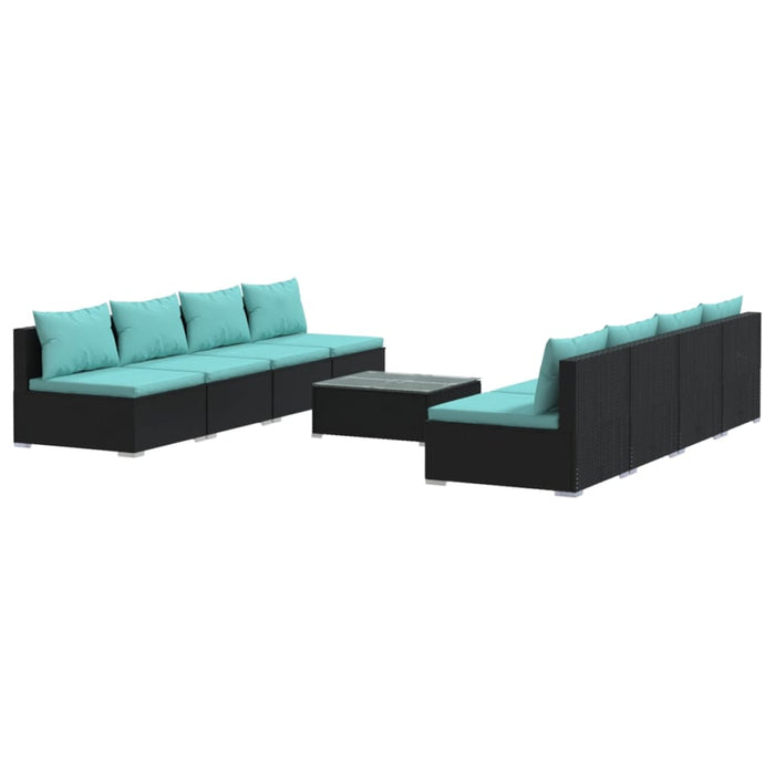 9 pcs. Garden lounge set with cushions poly rattan black