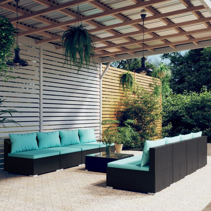 9 pcs. Garden lounge set with cushions poly rattan black