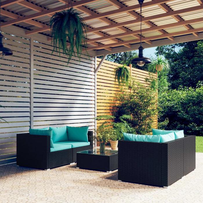 5-tlg. Garten-Lounge-Set mit Kissen Poly Rattan Schwarz