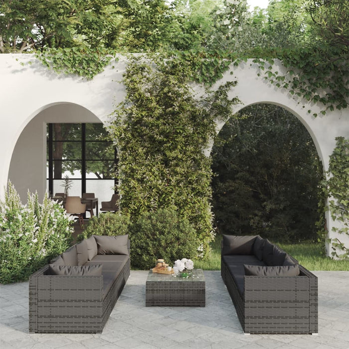 9-tlg. Garten-Lounge-Set mit Auflagen Poly Rattan Grau