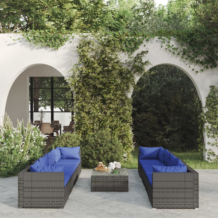 9-tlg. Garten-Lounge-Set mit Kissen Poly Rattan Grau
