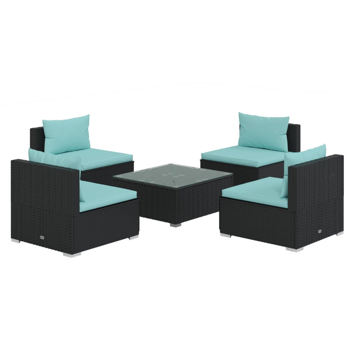 5-tlg. Garten-Lounge-Set mit Kissen Poly Rattan Schwarz