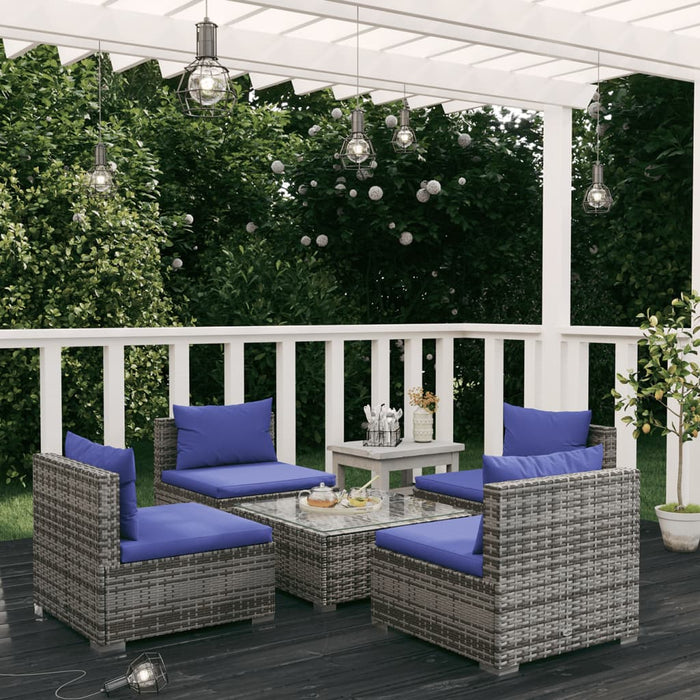5-tlg. Garten-Lounge-Set mit Kissen Poly Rattan Grau