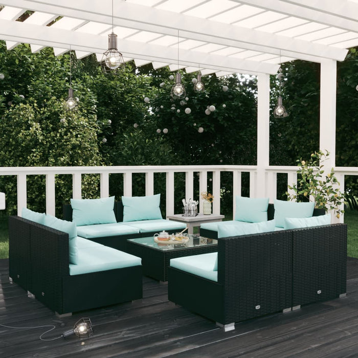 9-tlg. Garten-Lounge-Set mit Kissen Poly Rattan Schwarz