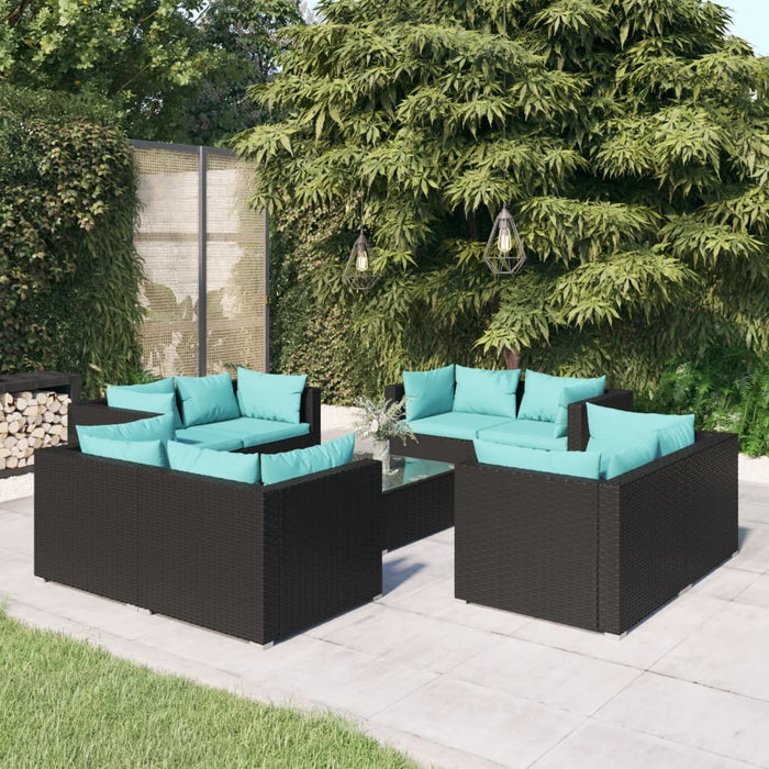 9-tlg. Garten-Lounge-Set mit Kissen Poly Rattan Schwarz