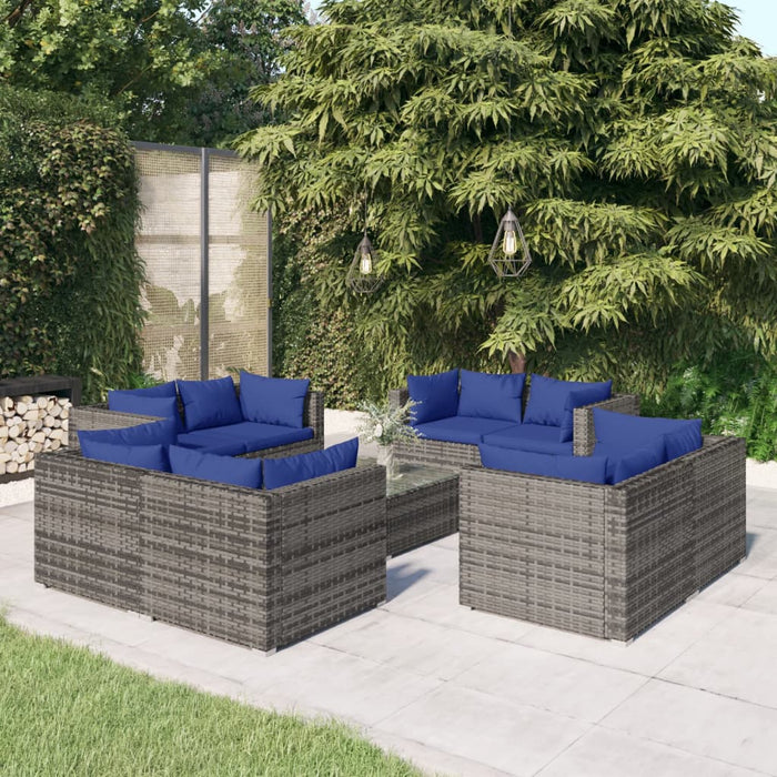 9-tlg. Garten-Lounge-Set mit Kissen Poly Rattan Grau