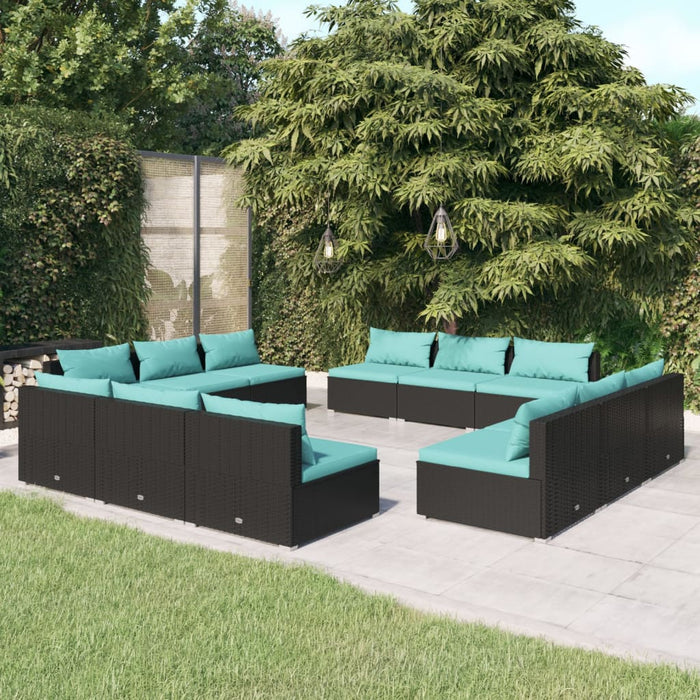 12-tlg. Garten-Lounge-Set mit Kissen Poly Rattan Schwarz