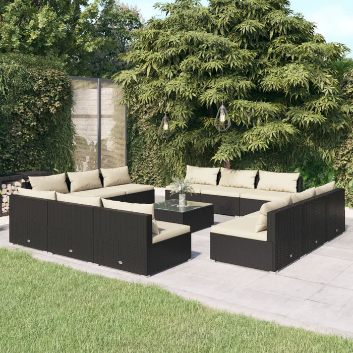 13-tlg. Garten-Lounge-Set mit Kissen Poly Rattan Schwarz