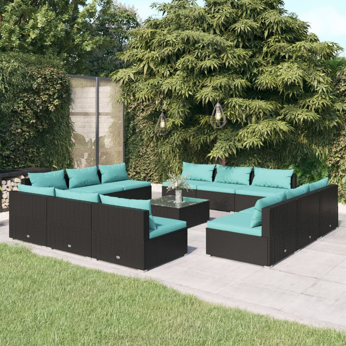 13-tlg. Garten-Lounge-Set mit Kissen Poly Rattan Schwarz