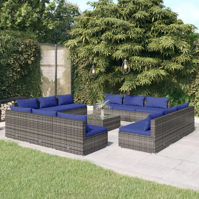 13-tlg. Garten-Lounge-Set mit Kissen Poly Rattan Grau