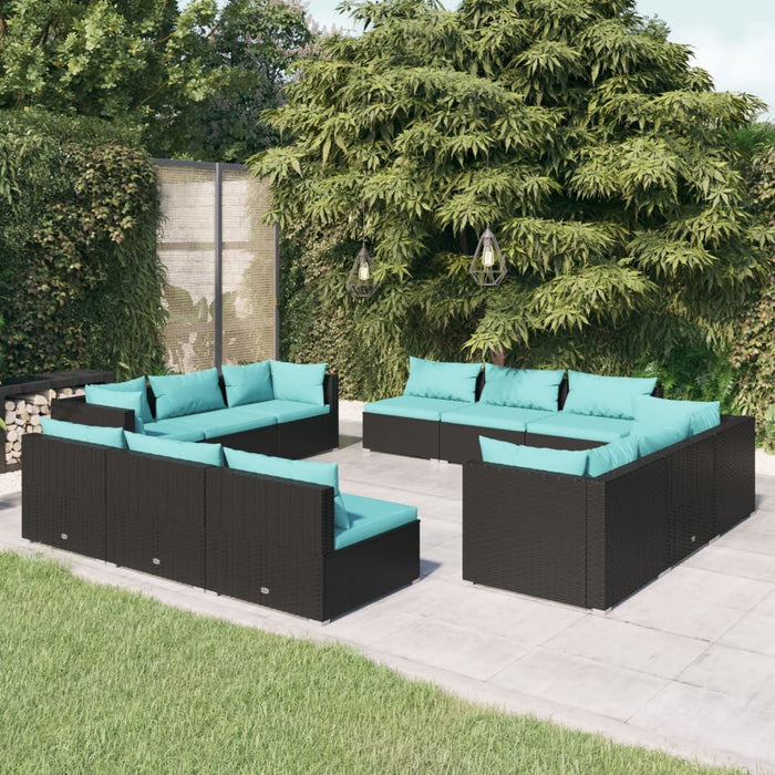 12-tlg. Garten-Lounge-Set mit Kissen Poly Rattan Schwarz