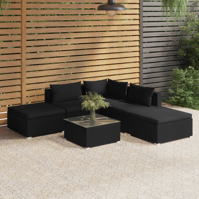 6-tlg. Garten-Lounge-Set mit Kissen Poly Rattan Schwarz