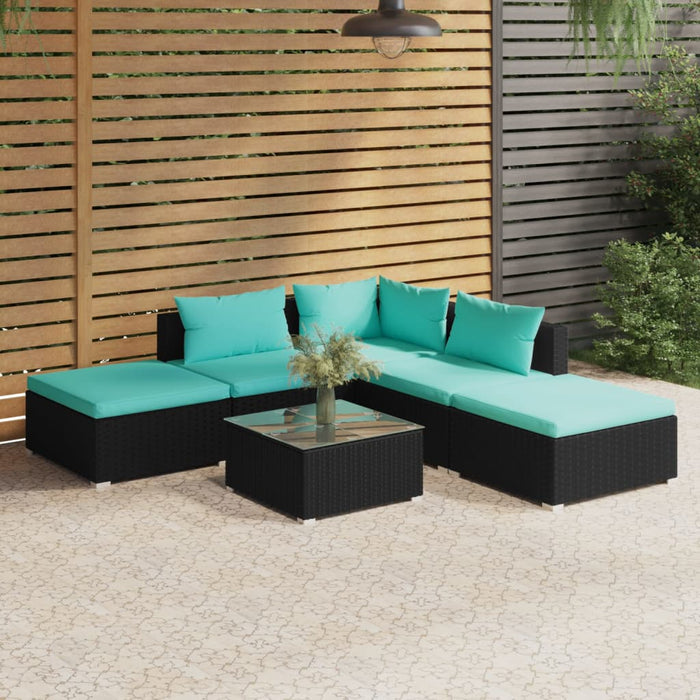 6-tlg. Garten-Lounge-Set mit Kissen Poly Rattan Schwarz