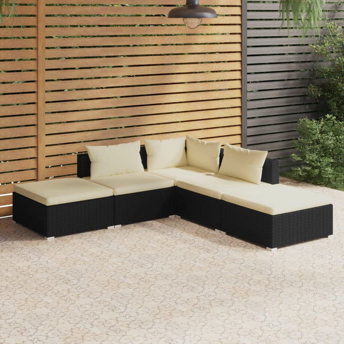 5-tlg. Garten-Lounge-Set mit Kissen Poly Rattan Schwarz