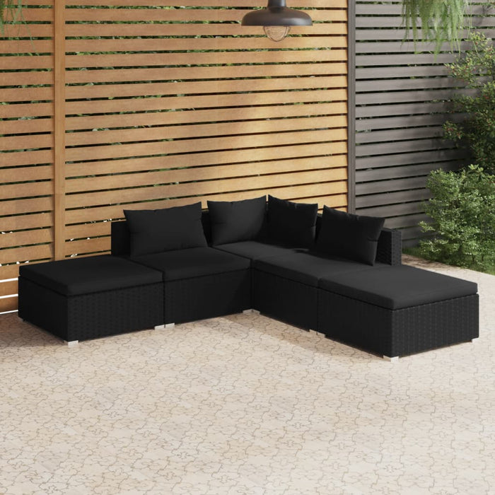5-tlg. Garten-Lounge-Set mit Kissen Poly Rattan Schwarz