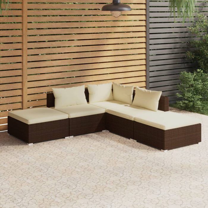 5-tlg. Garten-Lounge-Set mit Kissen Poly Rattan Braun