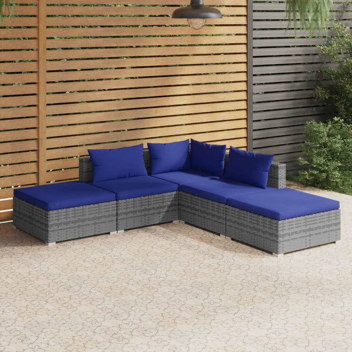 5-tlg. Garten-Lounge-Set mit Kissen Poly Rattan Grau