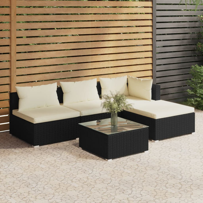 5-tlg. Garten-Lounge-Set mit Kissen Poly Rattan Schwarz