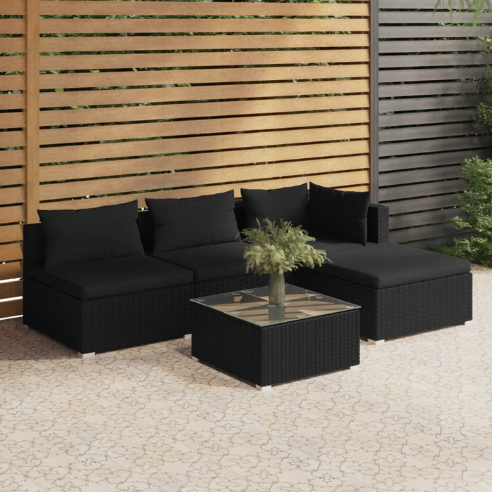 5-tlg. Garten-Lounge-Set mit Kissen Poly Rattan Schwarz