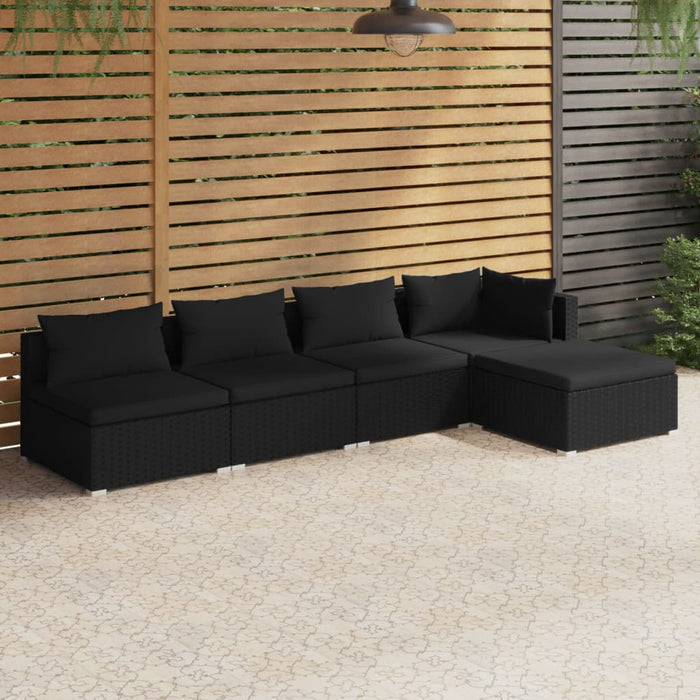 5-tlg. Garten-Lounge-Set mit Kissen Poly Rattan Schwarz