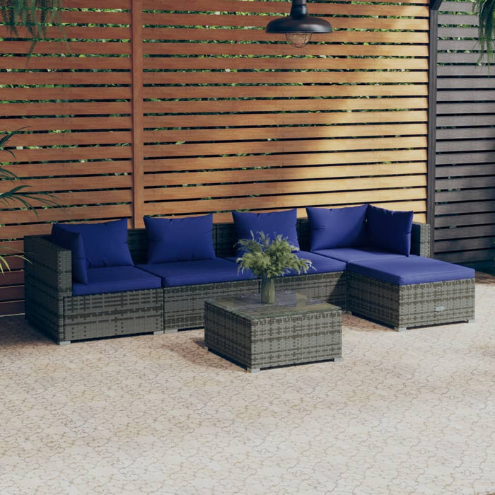 6-tlg. Garten-Lounge-Set mit Kissen Poly Rattan Grau