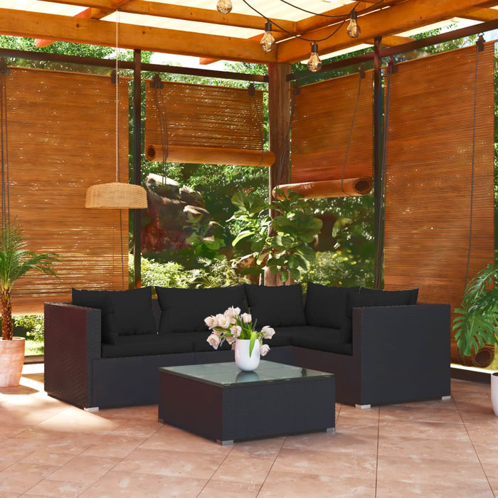 5-tlg. Garten-Lounge-Set mit Kissen Poly Rattan Schwarz