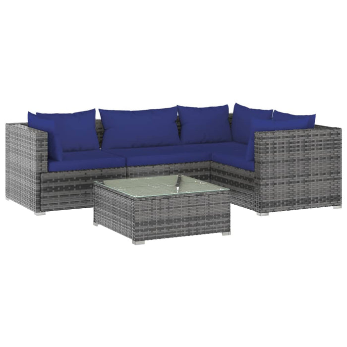 5-tlg. Garten-Lounge-Set mit Kissen Poly Rattan Grau
