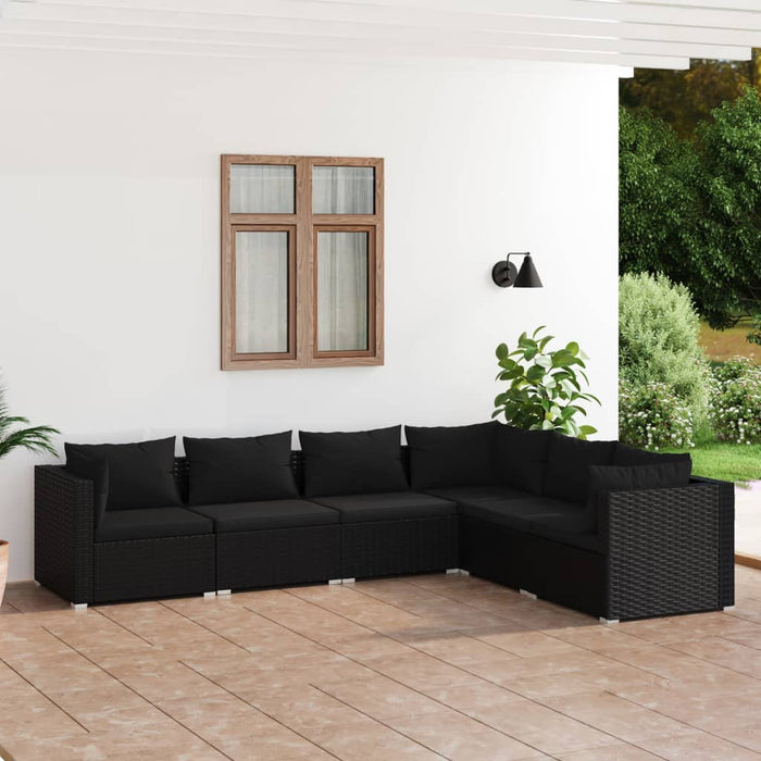 6-tlg. Garten-Lounge-Set mit Kissen Poly Rattan Schwarz