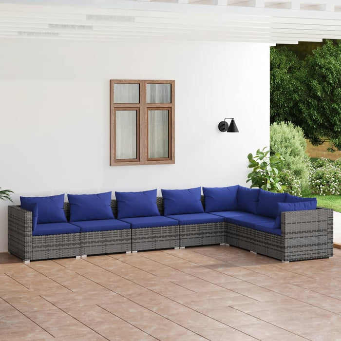 7-tlg. Garten-Lounge-Set mit Kissen Poly Rattan Grau