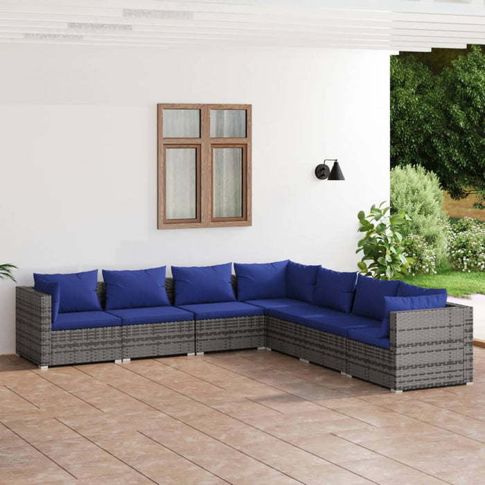 7-tlg. Garten-Lounge-Set mit Kissen Poly Rattan Grau