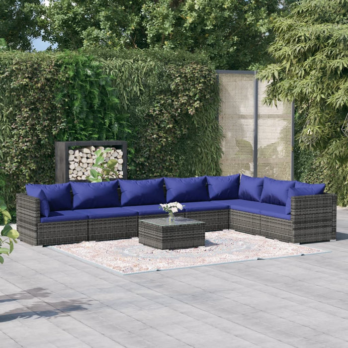 8-tlg. Garten-Lounge-Set mit Kissen Poly Rattan Grau